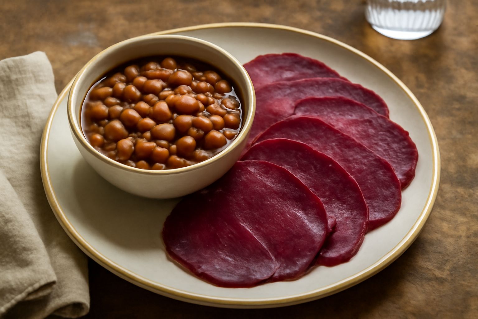 Carne salada affettata sottile disposta a raggiera su un piatto bianco, accanto a una ciotola di fasöj con fagioli rossi in brodo scuro e aromatico, completato da pane tostato ai bordi