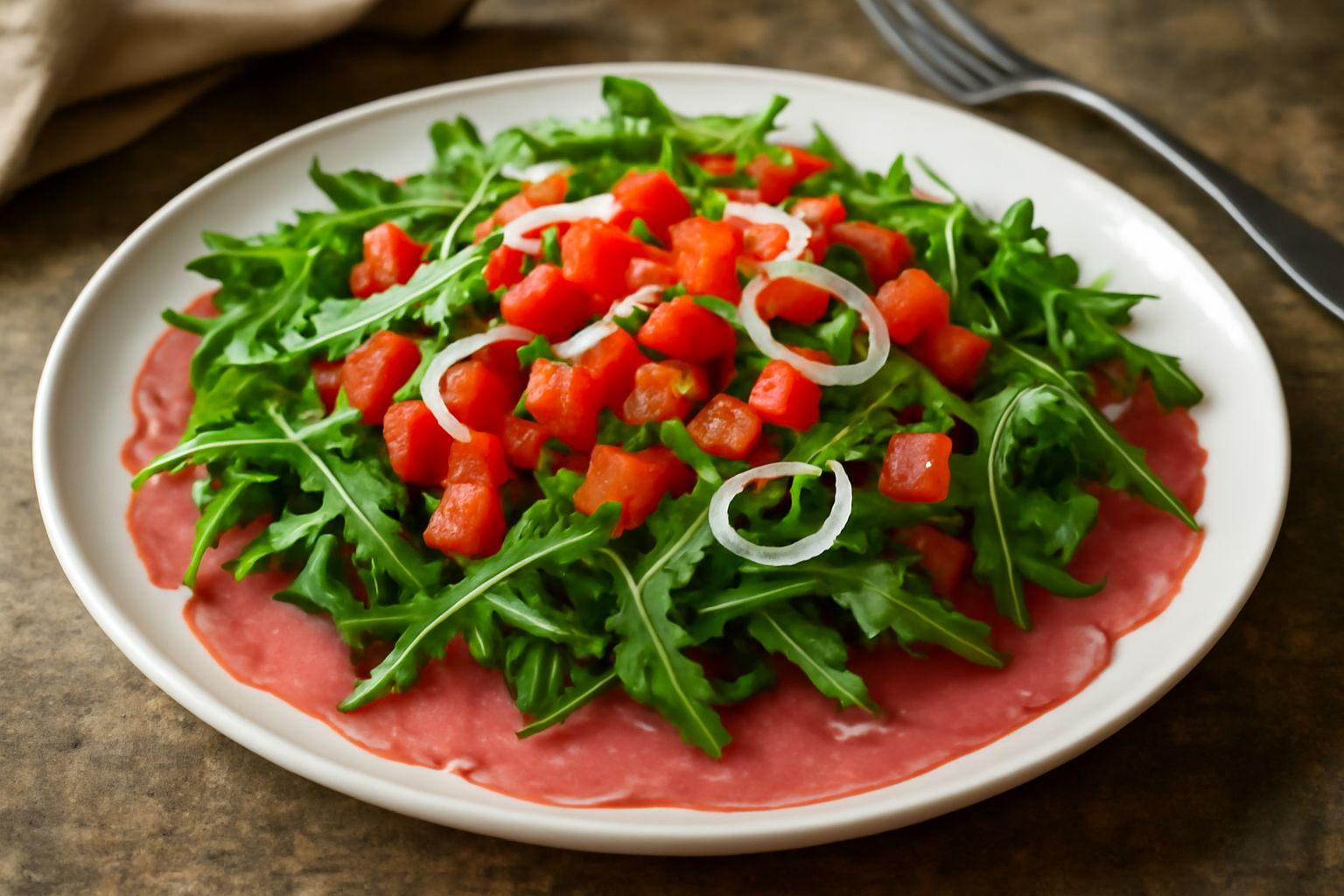 Insalata con fette sottili di carne salada rosa, rucola verde, pomodori tagliati, cipolla bianca affettata, il tutto condito con olio e limone, servito in un piatto bianco su tavolo di legno chiaro