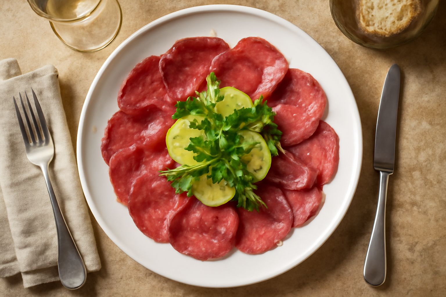 Carne salada affettata sottile su un piatto bianco, colore rosso scuro uniforme, piccoli cristalli di sale visibili sulla superficie, contorno di rucola fresca verde