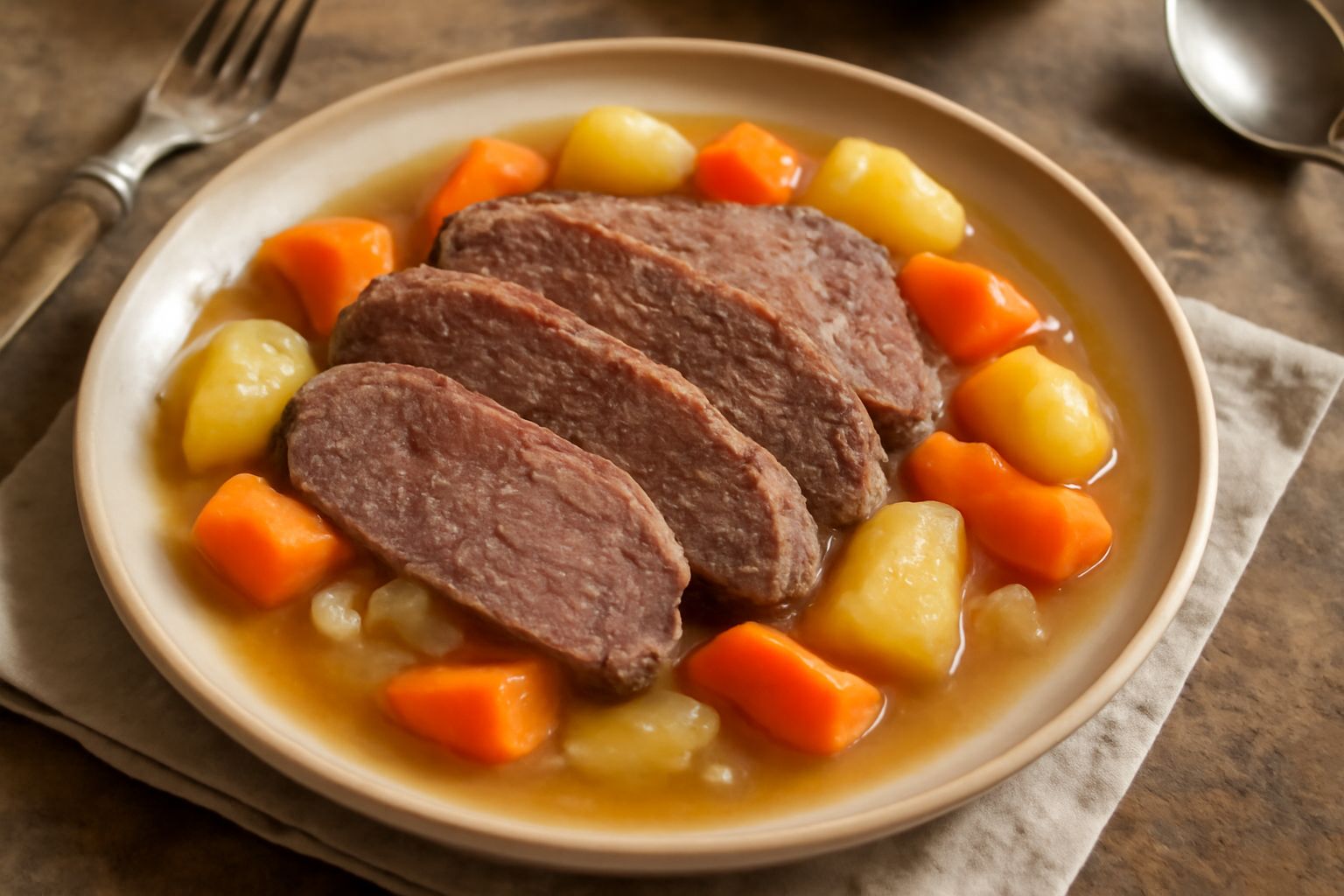 Carne salata cotta servita in piatto bianco con contorno di verdure lessate, brodo trasparente, fette di carne rosa e grigie ben cotte, posate di metallo, tovaglia di lino naturale