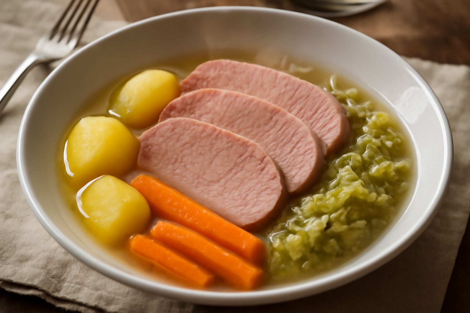 Piatto bianco con fette di carne salata bollita rosa pallido, circondate da patate gialle, carote arancioni e cavolo verde bollito, con brodo trasparente nel fondo e erba cipollina fresca spolverata i