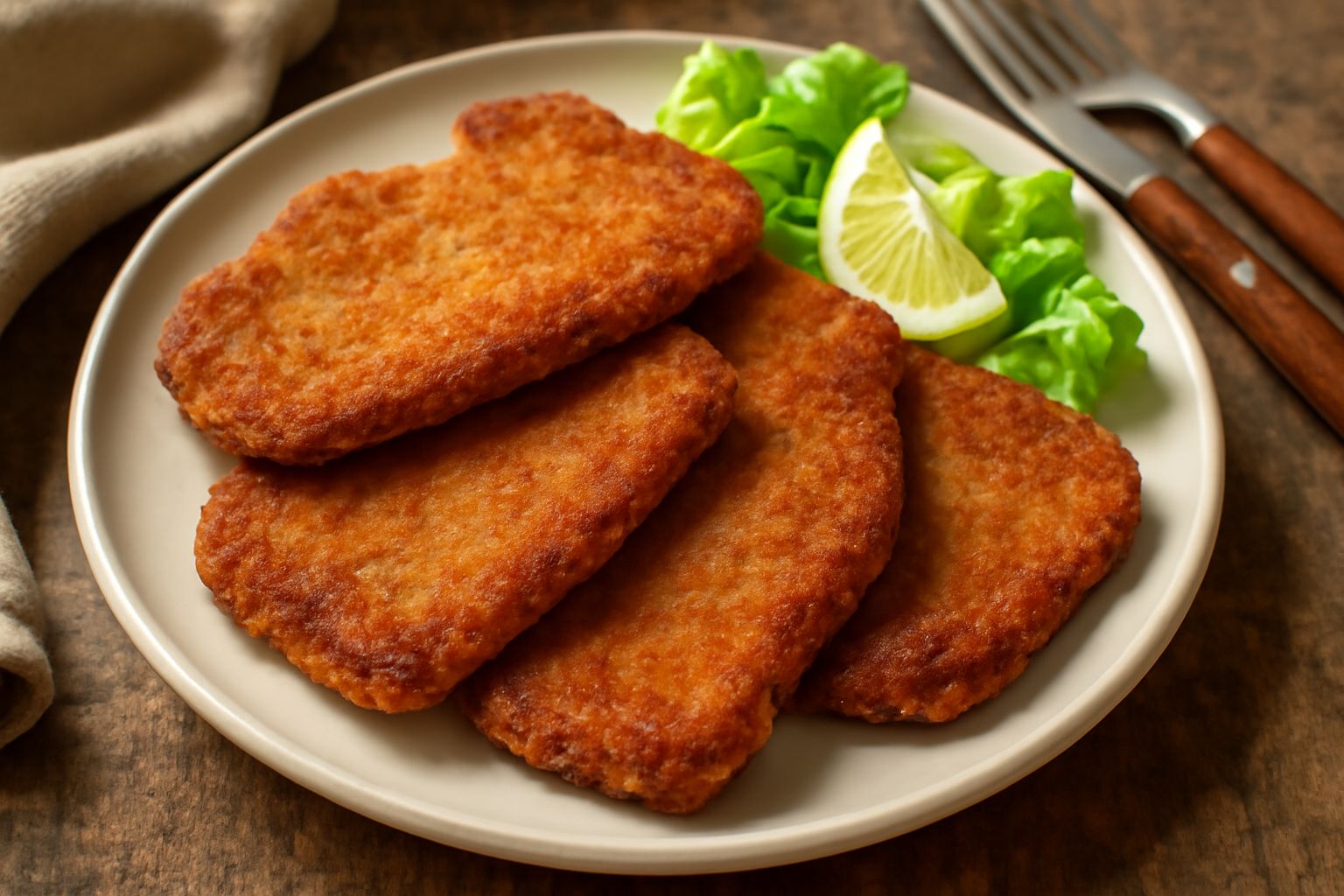 Fette di carne salata fritta dorate e croccanti in un piatto bianco, ancora fumanti, con una leggera panatura dorata, accompagnate da limone fresco tagliato a spicchi e prezzemolo verde