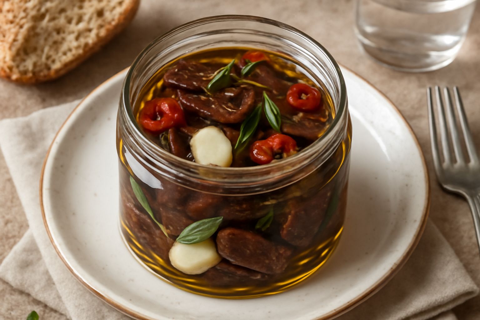 Barattolo di vetro con carne secca color marrone scuro sott'olio dorato, visibili aghi di rosmarino, spicchi d'aglio e peperoncino, su fondo tavolo in legno chiaro