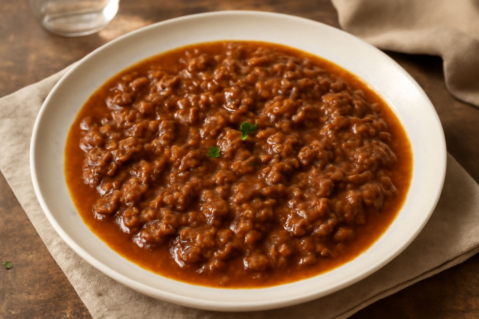 Carne sminuzzata in umido marrone e rossastra servita in un piatto bianco, contorno di ortaggi cotti, salsa densa e unta, erbe verde sopra, pane tostato ai lati