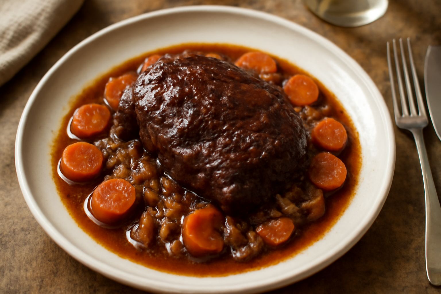 Stracotto di manzo in umido in piatto bianco, carne scura e tenera circondata da sugo rosso intenso, carote e sedano morbidi, guarnito con prezzemolo fresco