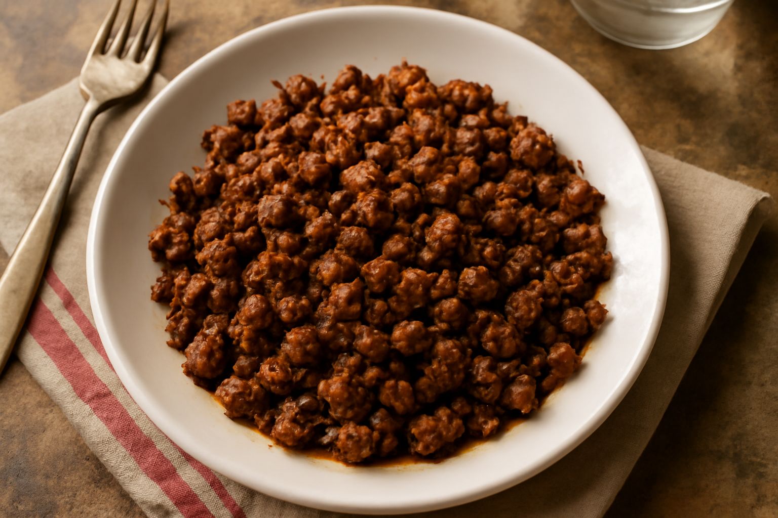 Carne macinata e dadini di verdure soffritti in pentola di acciaio, doratura dorata-marrone uniforme, cipolla e sedano rosati, fondo scuro caramellato, vapore leggero