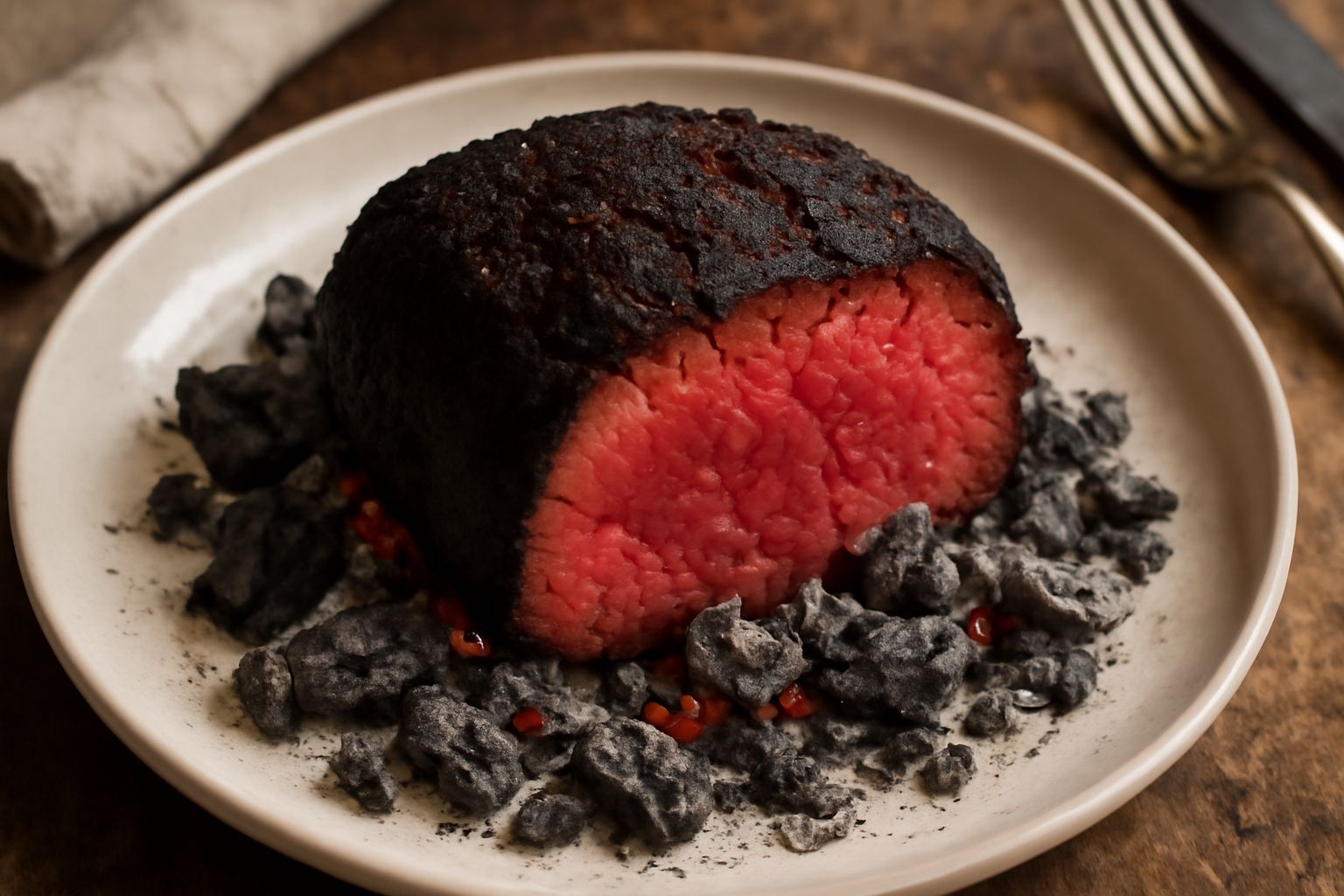 Pezzo di carne rossa succosa tirata fuori dalla cenere calda, con crosta scura e affumicata, contorni di carboni ardenti, piatto di terracotta con rami di rosmarino fresco accanto