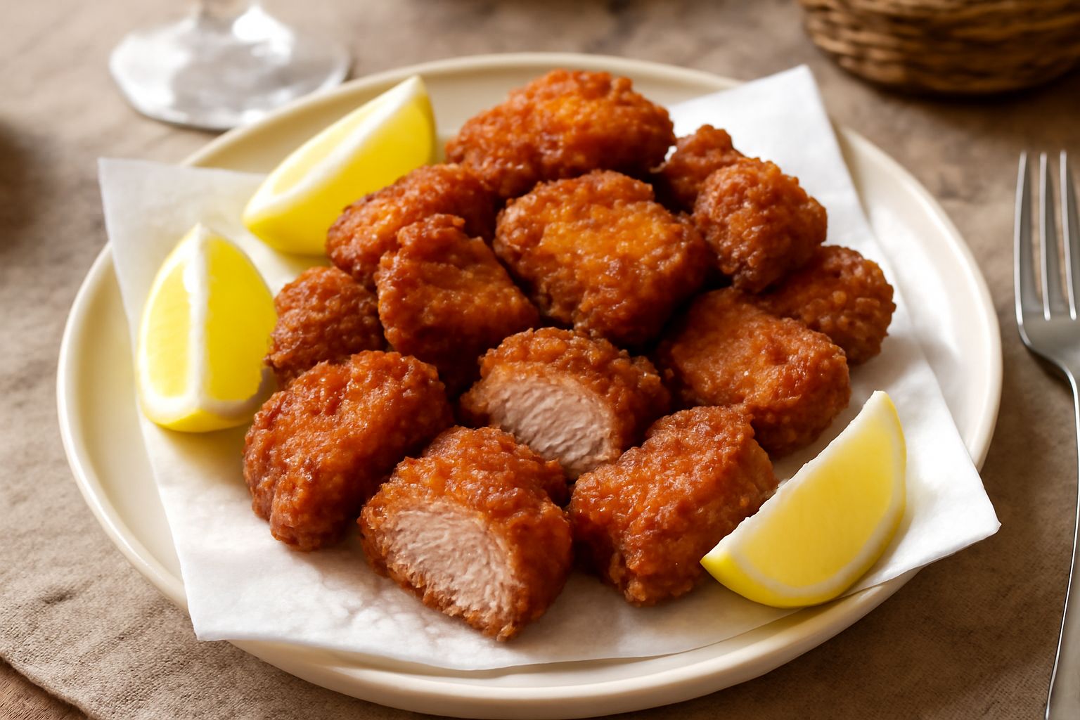 Pezzi di carne fritta dorata e croccante disposti su carta assorbente bianca, contorno di spicchi di limone fresco e prezzemolo verde