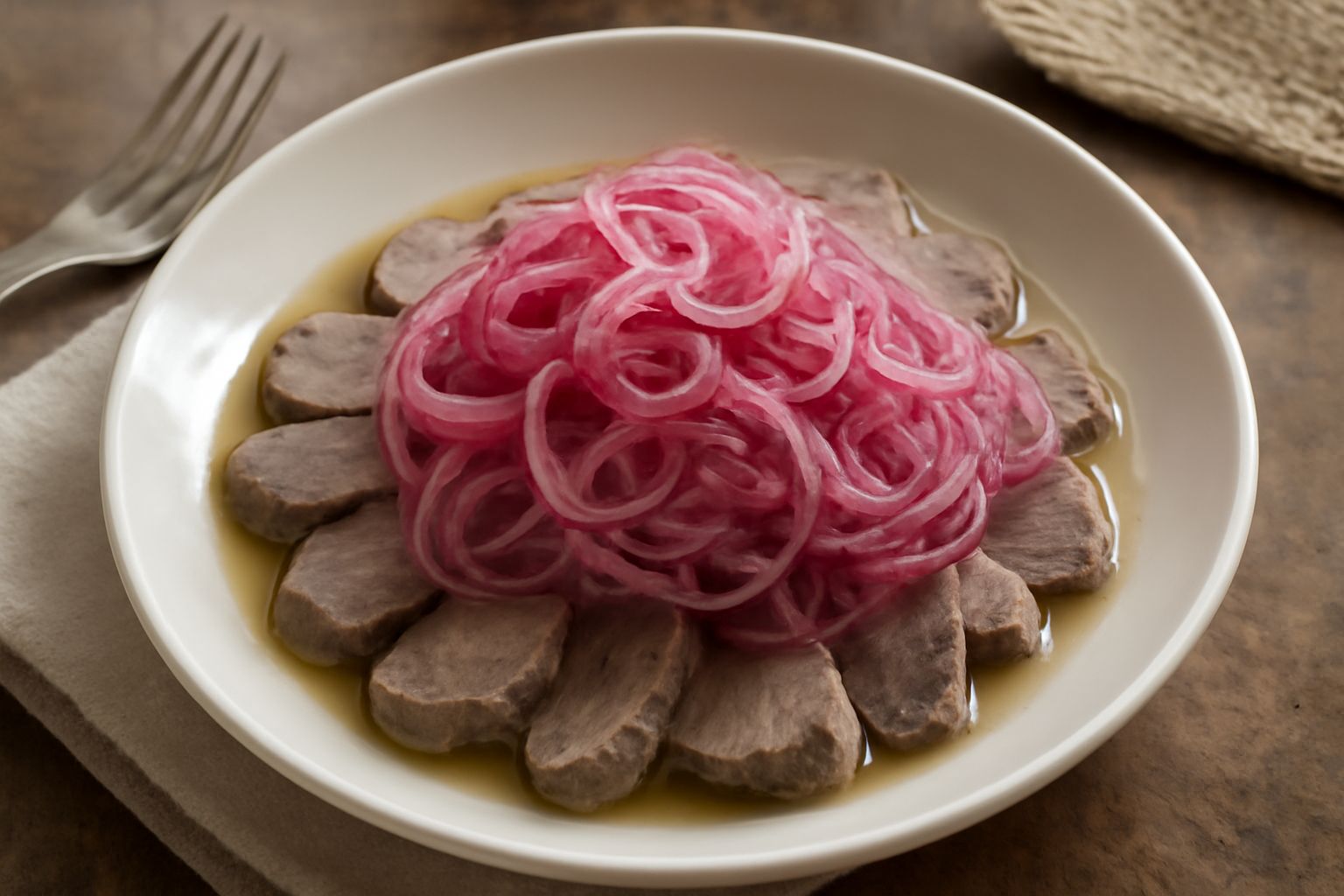 Piatto di carnes iscaladas con fettine di carne bianca-grigiastra disposte in cerchio, cipolla rossa traslucida e salsa marrone scura di aceto, guarnito con foglie di menta fresca verde