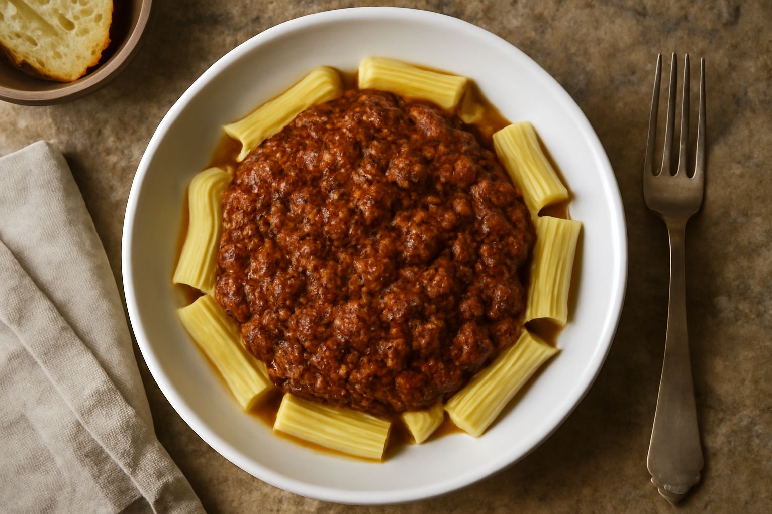 Carnezzada in piatto bianco, ragù scuro di carne macinata con pezzi di frattaglie, sugo di pomodoro denso, guarnito con prezzemolo fresco verde, sfondo grigio neutro