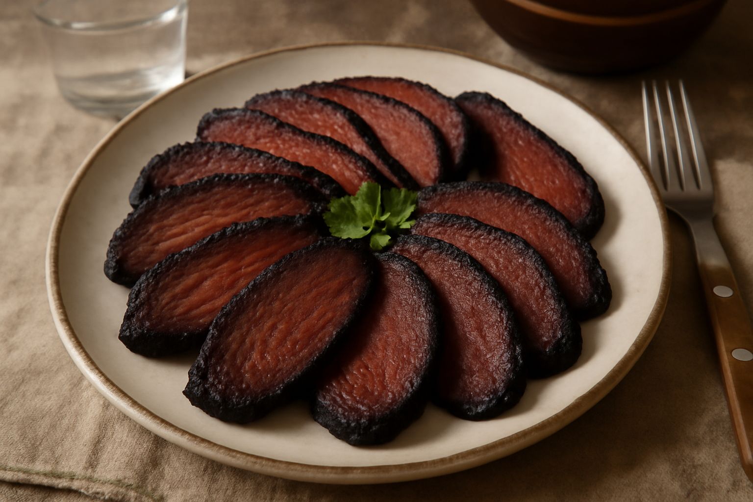 Fette di carne affumicata marrone scuro dalla Val di Non, disposte su un piatto bianco con contorno di verdure grigliate e erbe aromatiche, con tonalità dorate dal fumo visibili sulla superficie