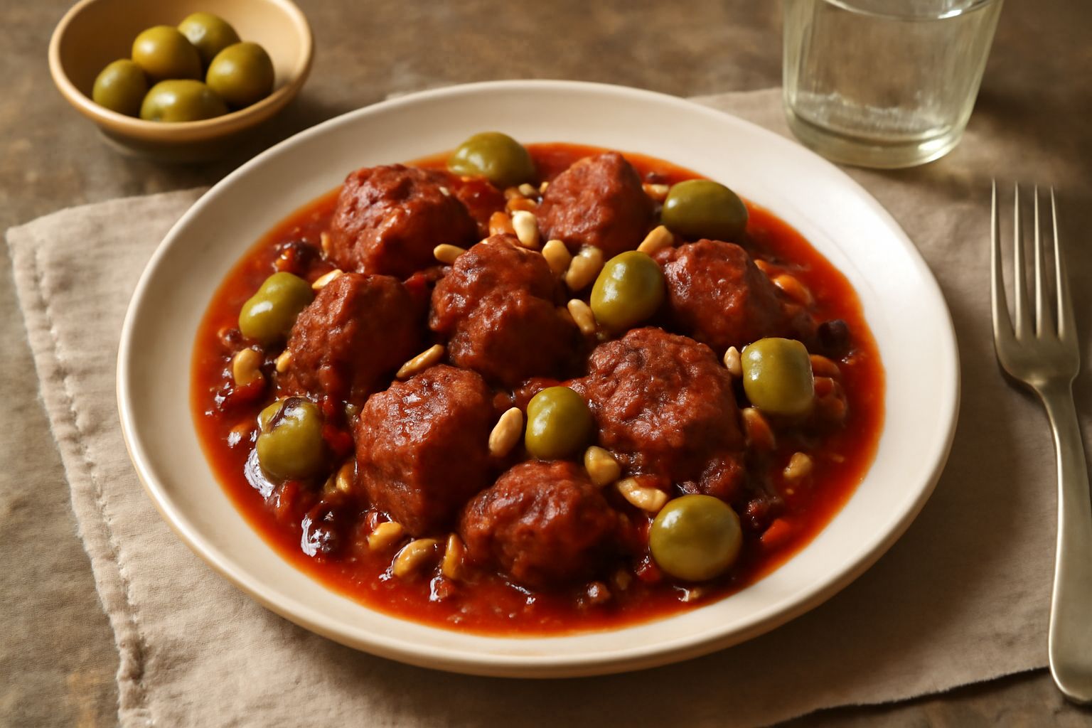 Carne stufata marrone scuro con salsa rossa di pomodoro, olive verdi e pinoli dorati, servita in un piatto fondo bianco su tavolo grigio
