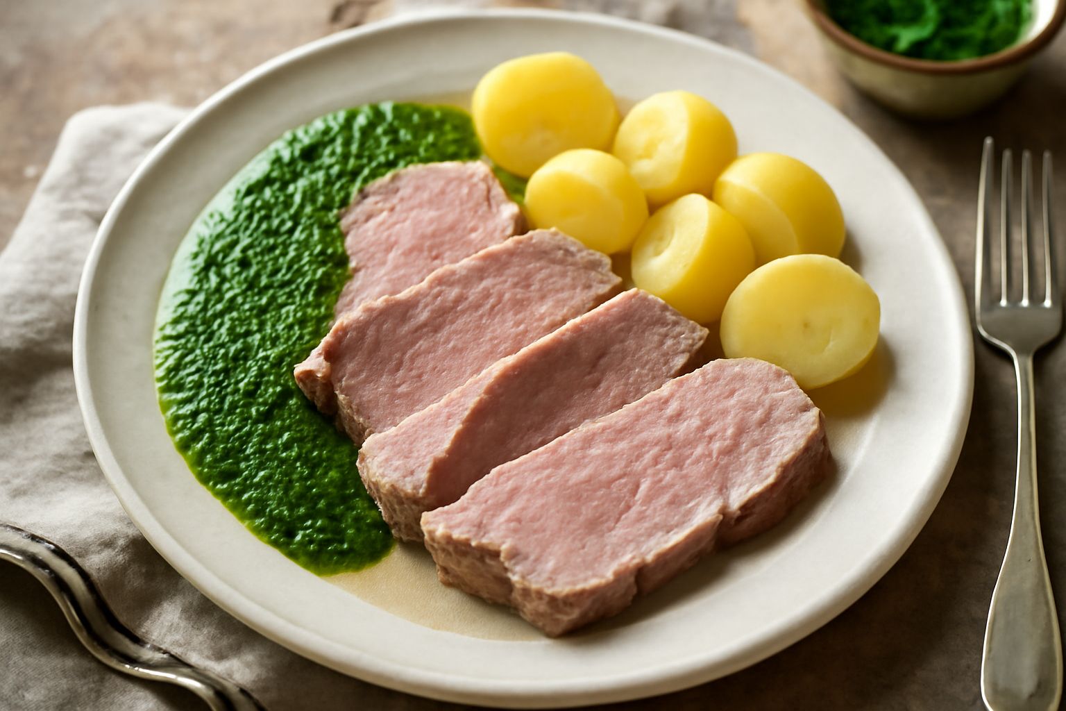 Piatto bianco con fette di carne di manzo bollita rosa pallido al centro, circondato da salsa verde brillante con prezzemolo visibile, contornato da patate lesse e cipolla in fette sottili