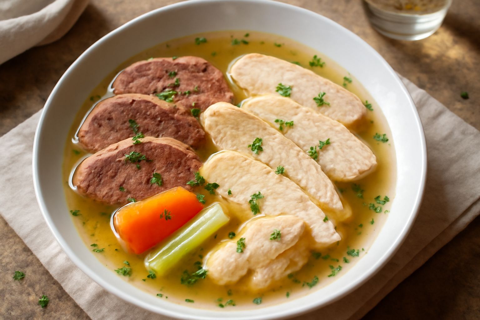 Carni bollite miste tagliate a fette su un piatto bianco: manzo rosa, vitello chiaro e pollo crema, con contorno di brodo trasparente e prezzemolo fresco sulla superficie