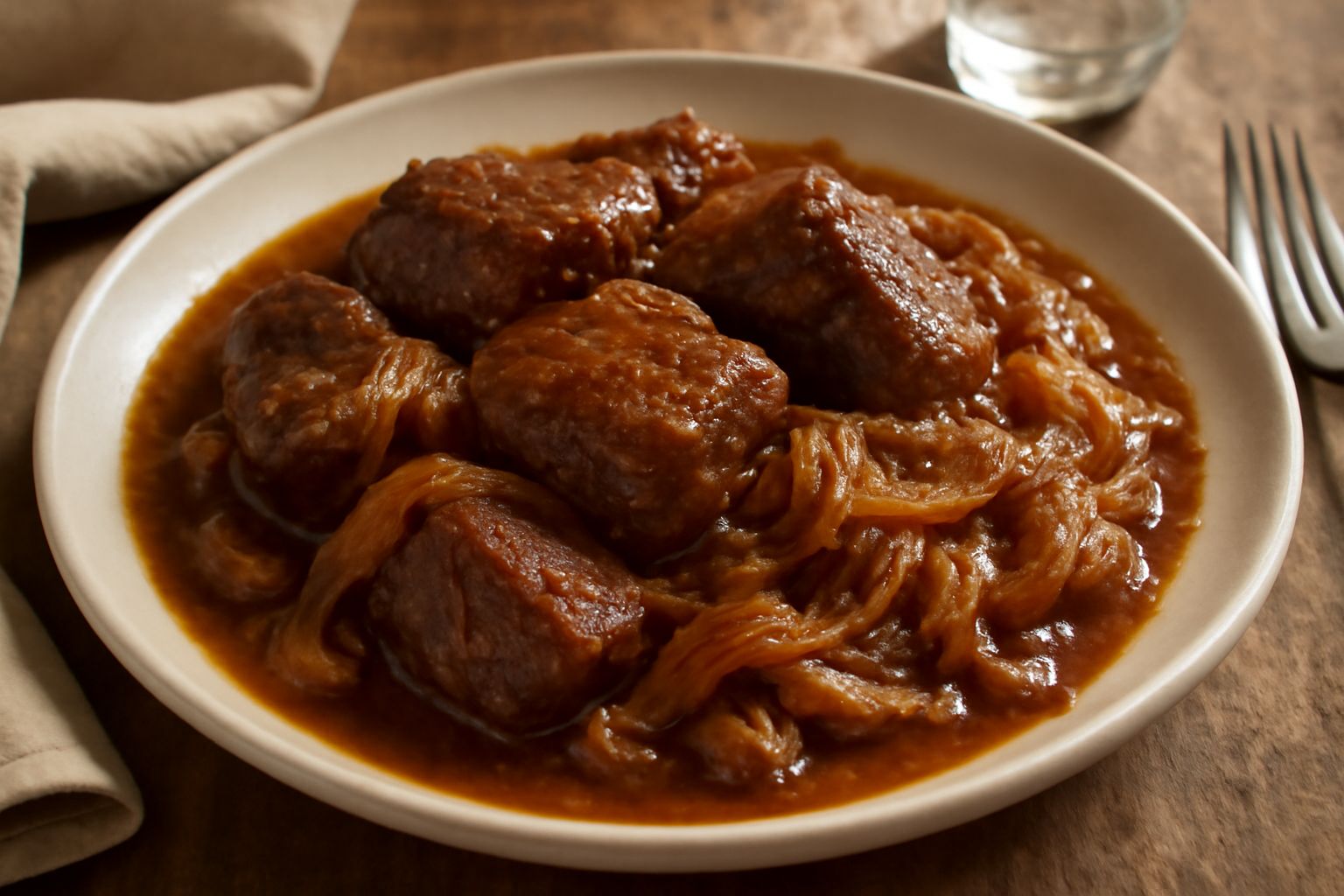 Carni brasate marrone scuro in un piatto bianco, coperte da cipolla bianca e dorata, con sugo ristretto intorno, servite tiepide con contorno di purea