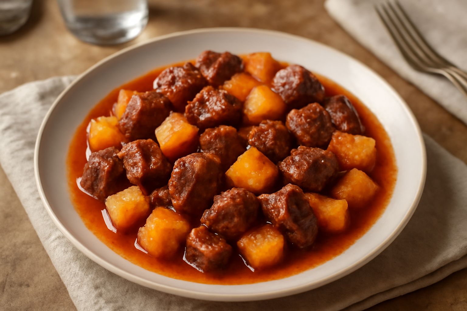 Pentola di coccio con carni stufate in sugo rosso e patate tagliate a dadi, vapore che sale, decorazione di prezzemolo fresco verde su sfondo di legno scuro
