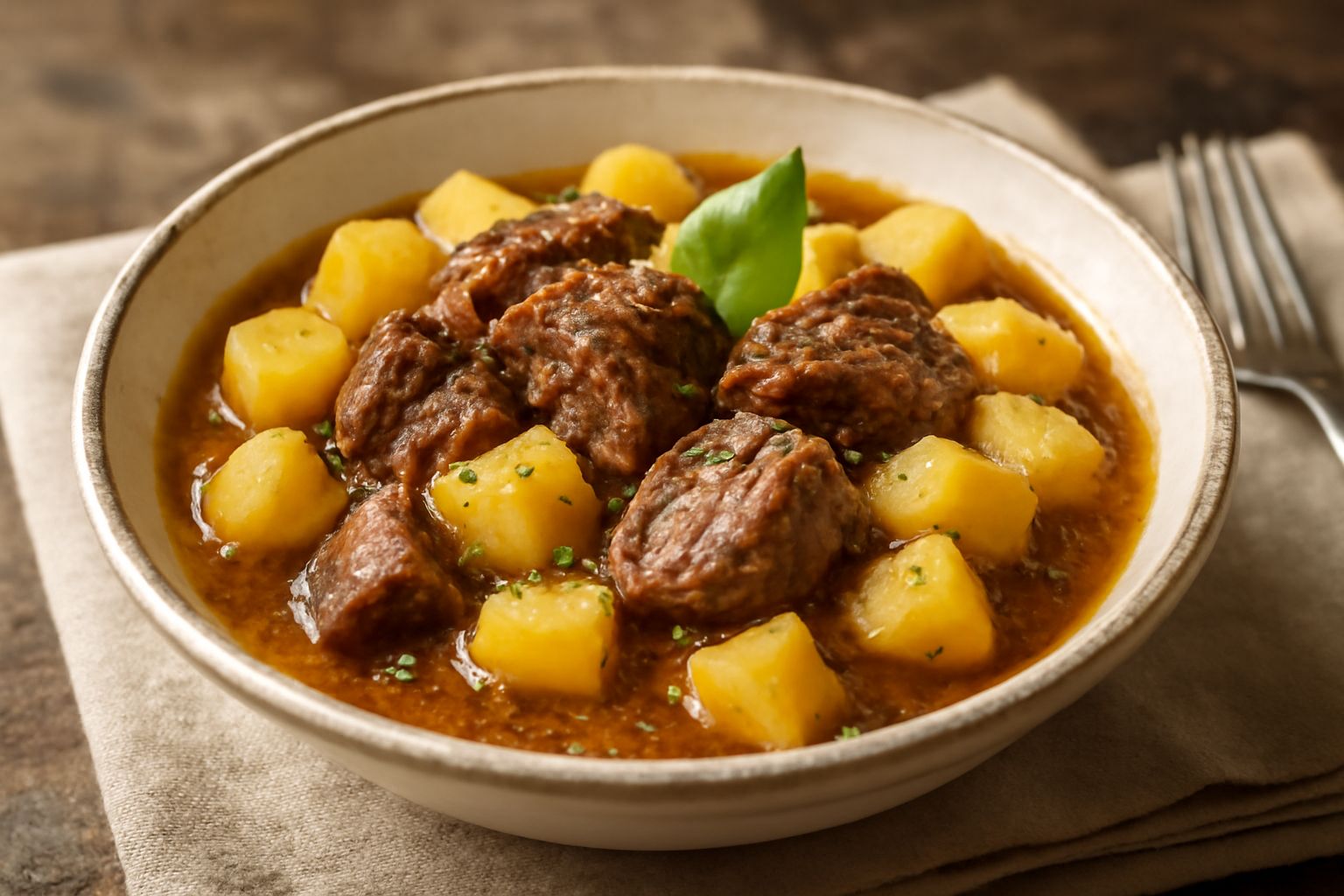Piatto di maiolica bianca con carni rosolate e patate dorate tagliate a cubetti, bagnate da un sugo marrone intenso, accompagnate da carota e prezzemolo fresco tritato