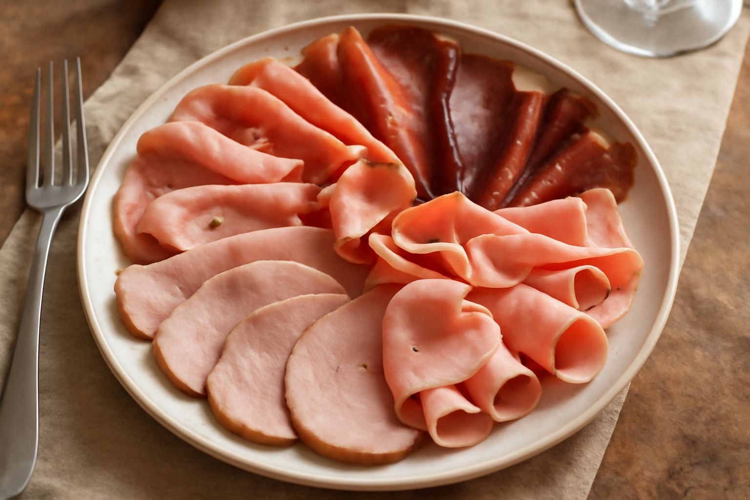 Tagliere di legno naturale con affettati variati disposti a ventaglio, prosciutto rosa tenue, speck brunastro, mortadella punteggiata di bianco, contornato da fette sottili di pane tostato, olive nere
