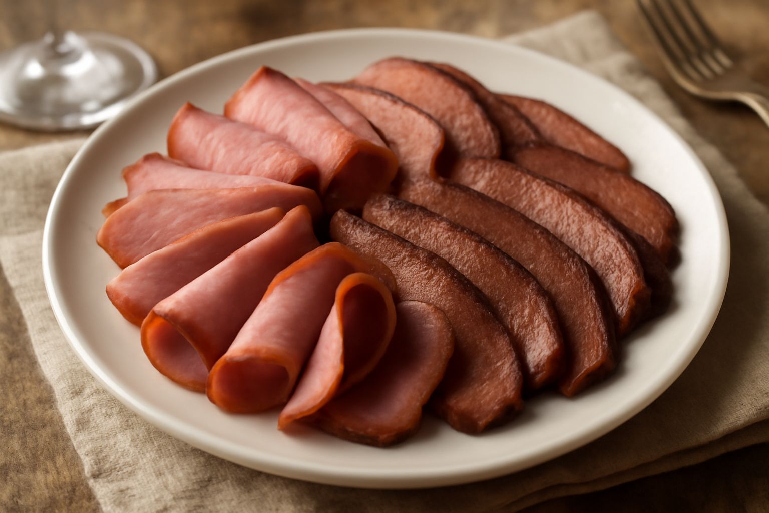 Piatto bianco con carni affumicate affettate sottili, color rosa intenso e marrone scuro, disposte in onde sovrapposte, decorato con foglie di rucola fresca verde e fette di limone giallo acceso sul b