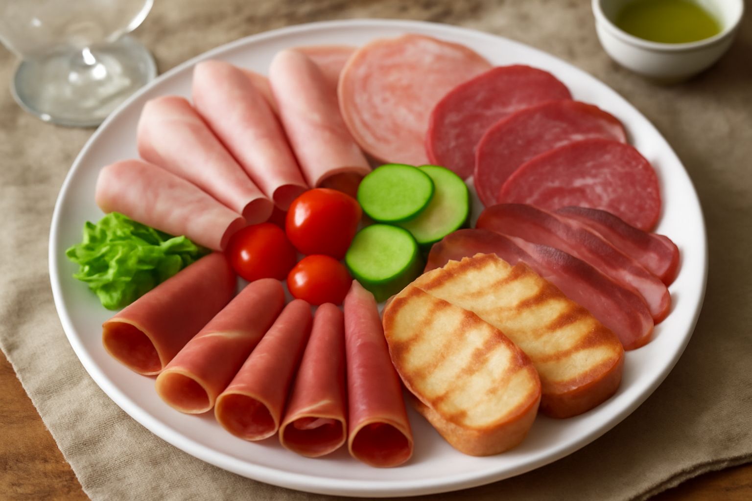 Piatto bianco con una composizione ordinata di affettati rosa, rossi e gialli disposti a ventaglio, contornati da fette di pane tostato, foglie di rucola verde e pomodori rossi a spicchi, su sfondo di