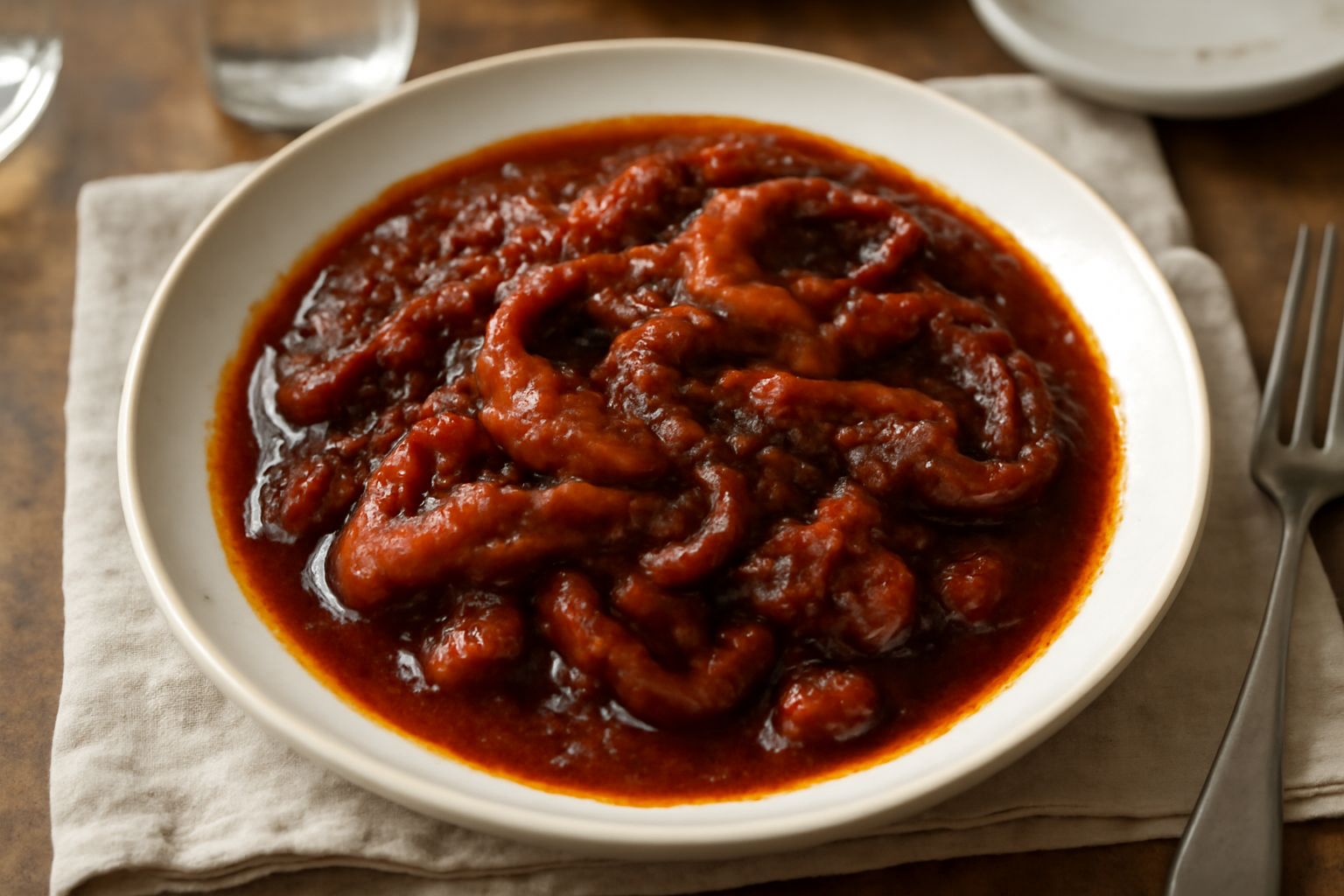 Polpo cotto in umido rosso scuro, con pezzi di polpo tenero e molle in salsa di pomodoro scuro, servito in un piatto bianco, con prezzemolo verde sparso in superficie