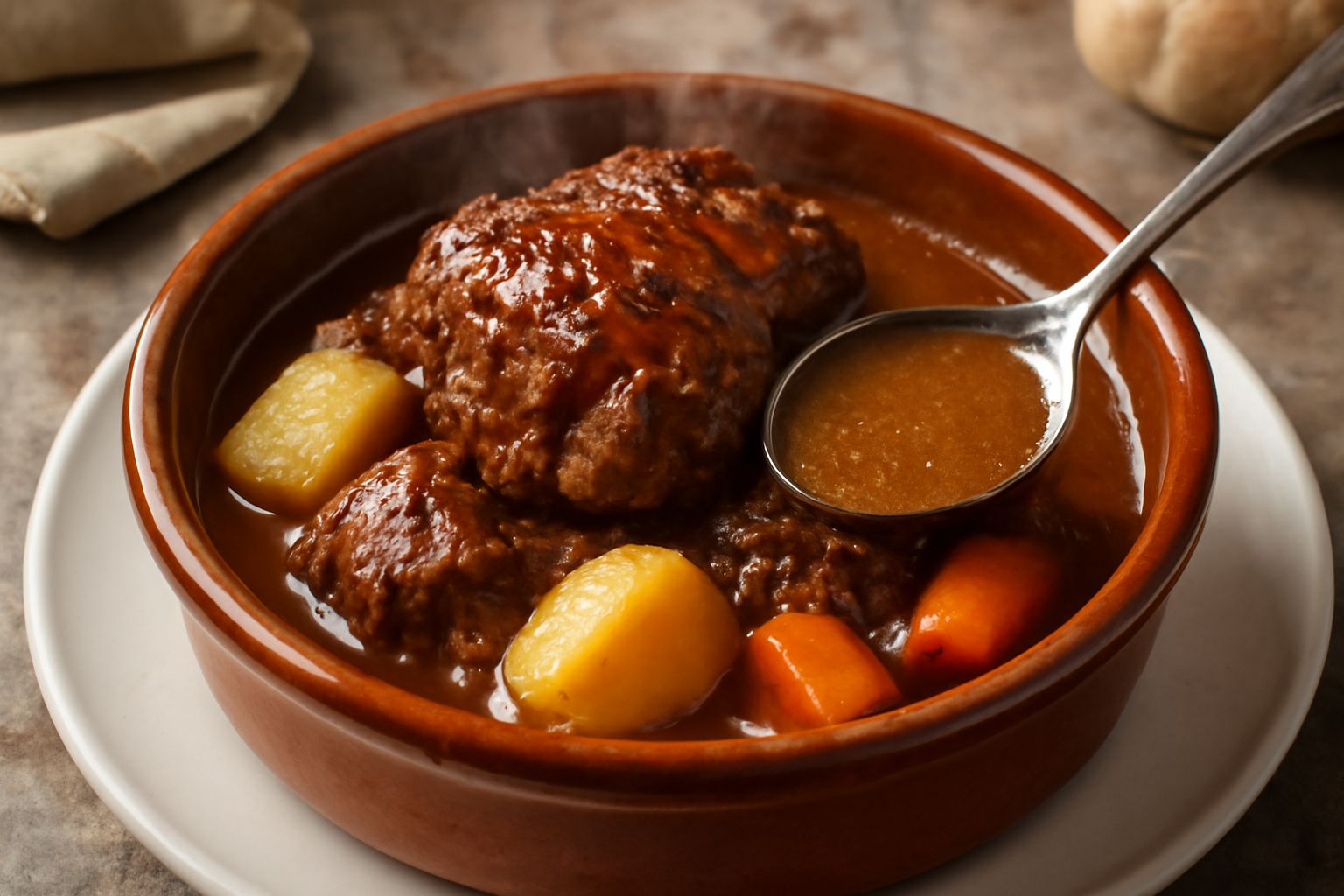 Pignata di terracotta col coperchio sollevato che lascia vedere carne a pezzi rossastra e succo di cottura denso, con patate e carote intorno, vapore che esce dalla pentola
