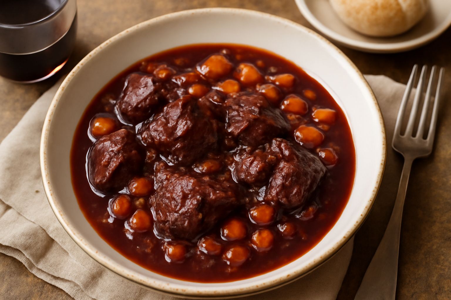 Piatto fondo di ceramica con pezzi di carne scura e morbida in sugo color bordeaux concentrato, guarnito con rametto di rosmarino fresco, al centro della tavola con bicchiere di vino rosso e pane tost