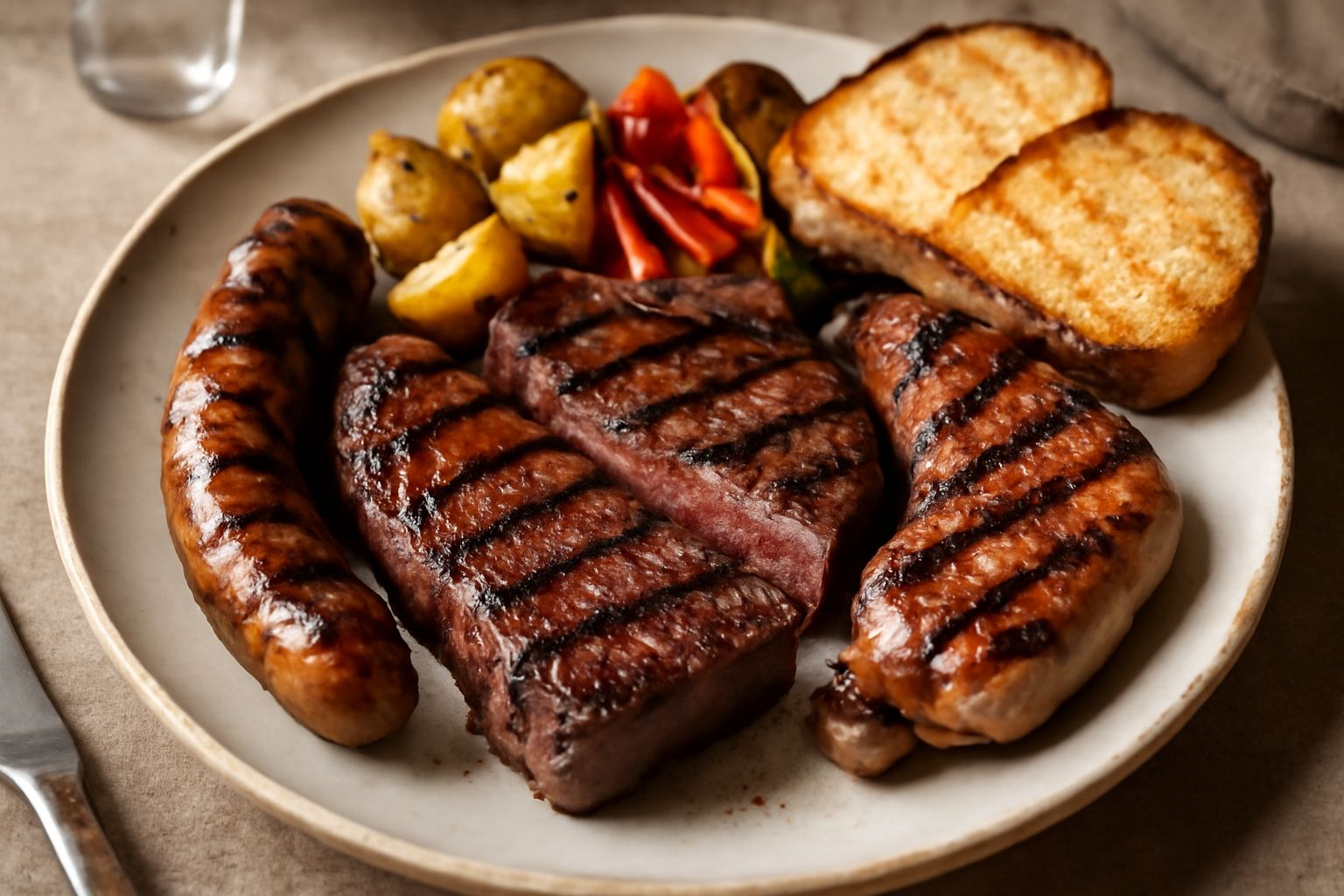 Assortimento di carni graffiate alla brace su griglia incandescente: bistecche, braciole di maiale, spiedini di pollo e salsicce dorate, con braci rosso vivo sotto e fumo leggero