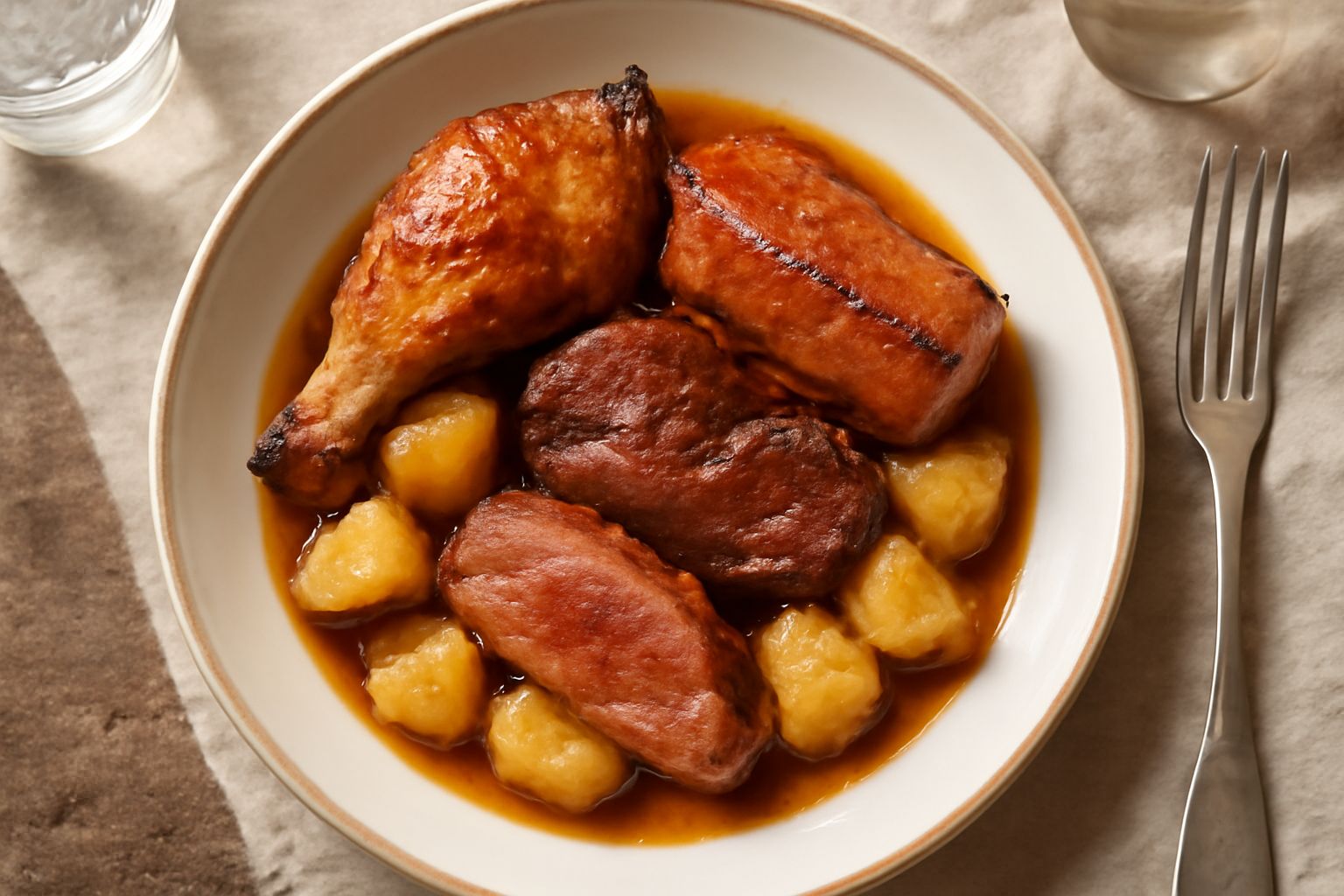 Tegame di carni miste arrosto: pezzi di pollo dorato, costine di maiale rosate e fettine di vitello marrone, contornate da patate dorate e cipolla caramellata, su tavolo di legno scuro