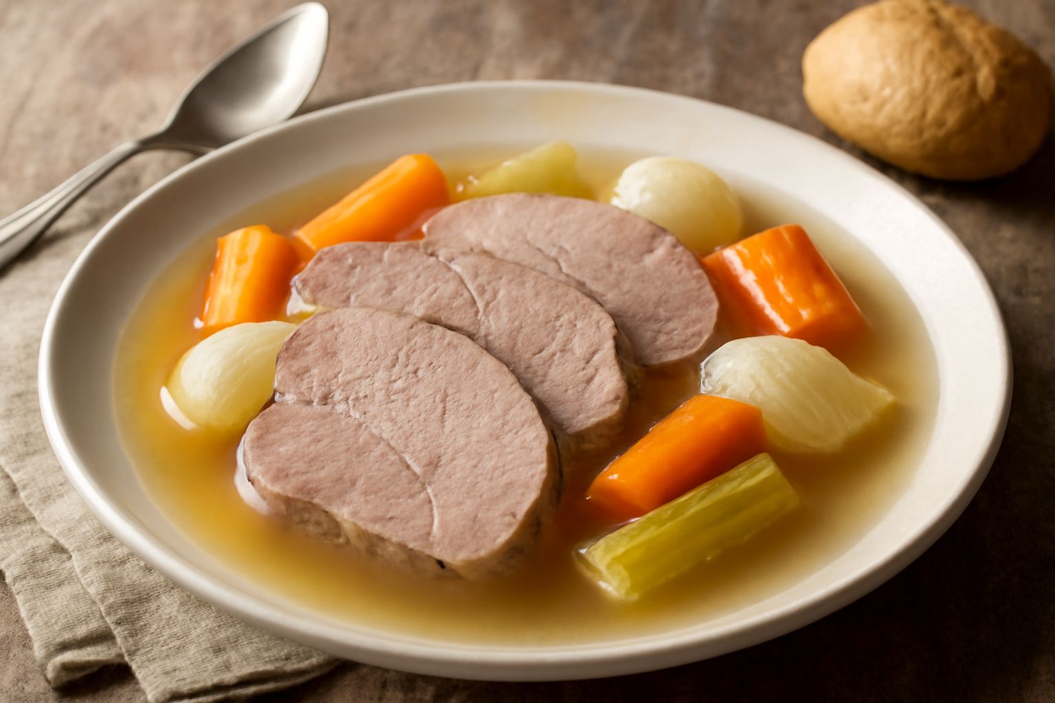 Carne salata cotta in bianco, tagliata a fette, servita in piatto bianco con brodo caldo intorno, contorno di verdure bollite color oro e verdi, pane tostato accanto