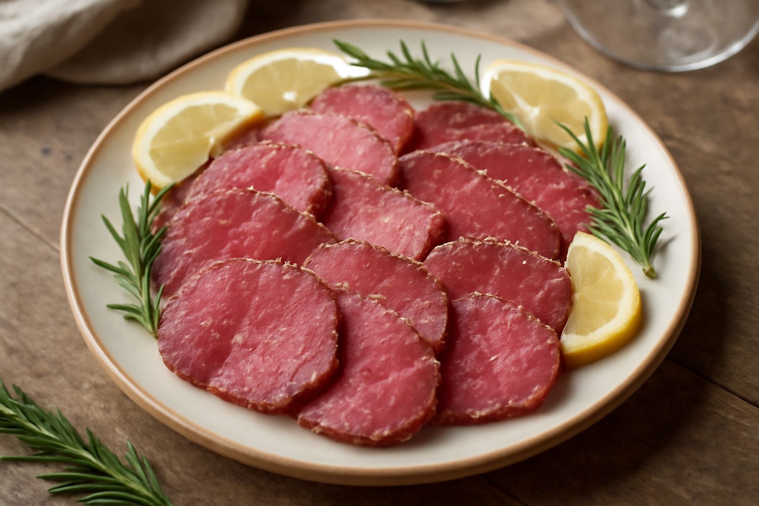 Carni salate tagliate a fette sottili su tavolo di legno, colore rosa scuro con cristalli di sale visibili sulla superficie, contorno di fette di limone e rosmarino fresco
