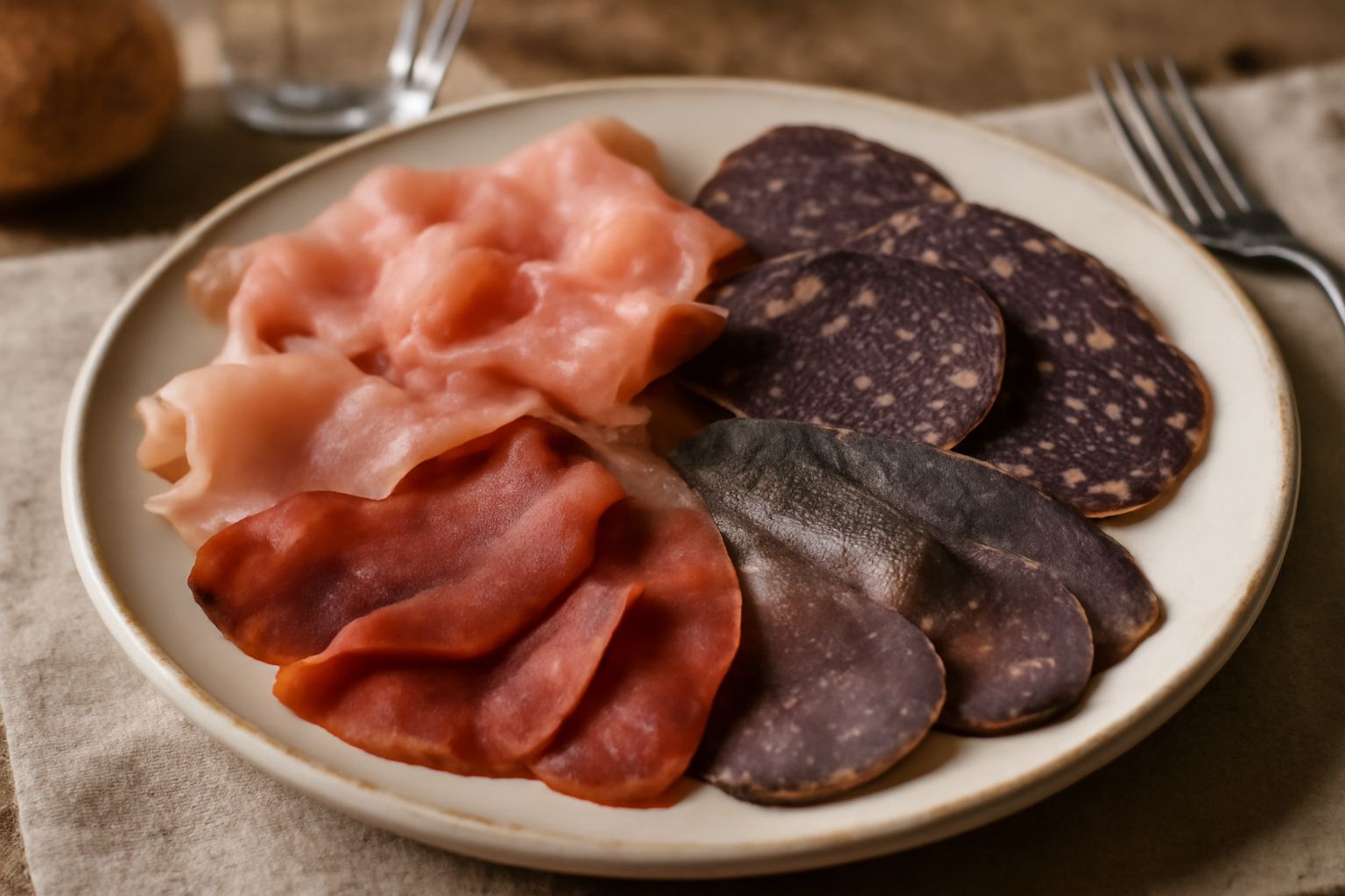 Piatto bianco con affettati di carni salate friulane disposti a ventaglio, colore da rosa chiaro a marrone dorato, accompagnati da pane scuro tostato e un filo di olio verde oliva