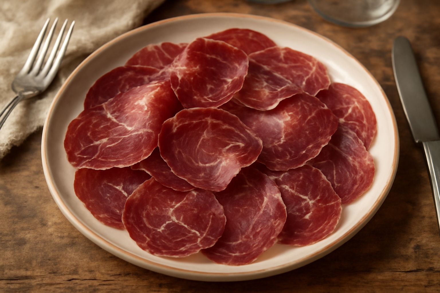 Affettati di carne secca piemontese color rosso scuro con vene di grasso, disposti a ventaglio su un tagliere di legno, accanto a fette di pane tostato e un bicchiere di vino rosso