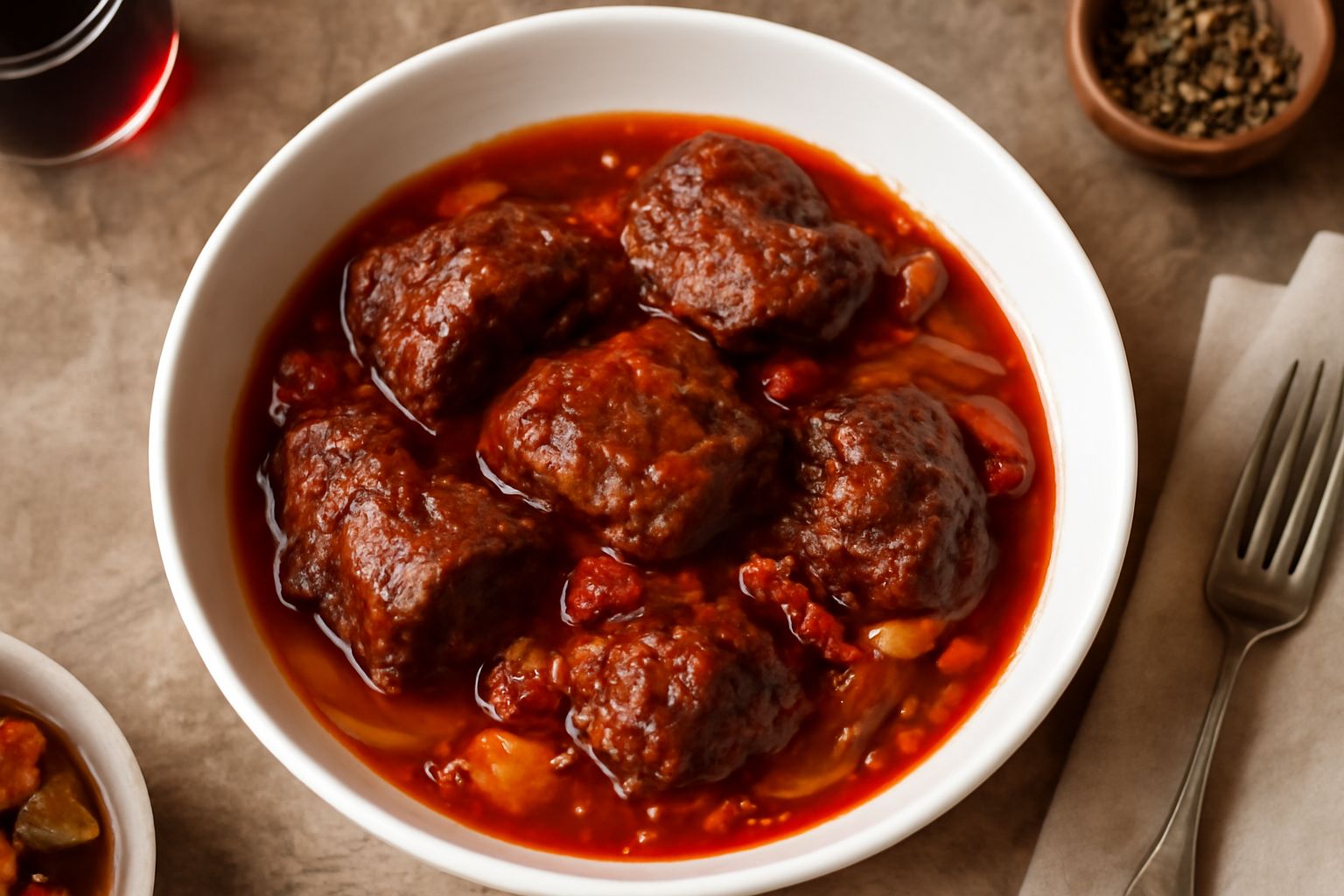 Carni sottuoggiu servite in un piatto fondo bianco, pezzi di carne marrone scuro e teneri ricoperti di sugo rosso denso con pomodoro e aglio, accompagnate da verdure dorate, impiattamento rustico su s