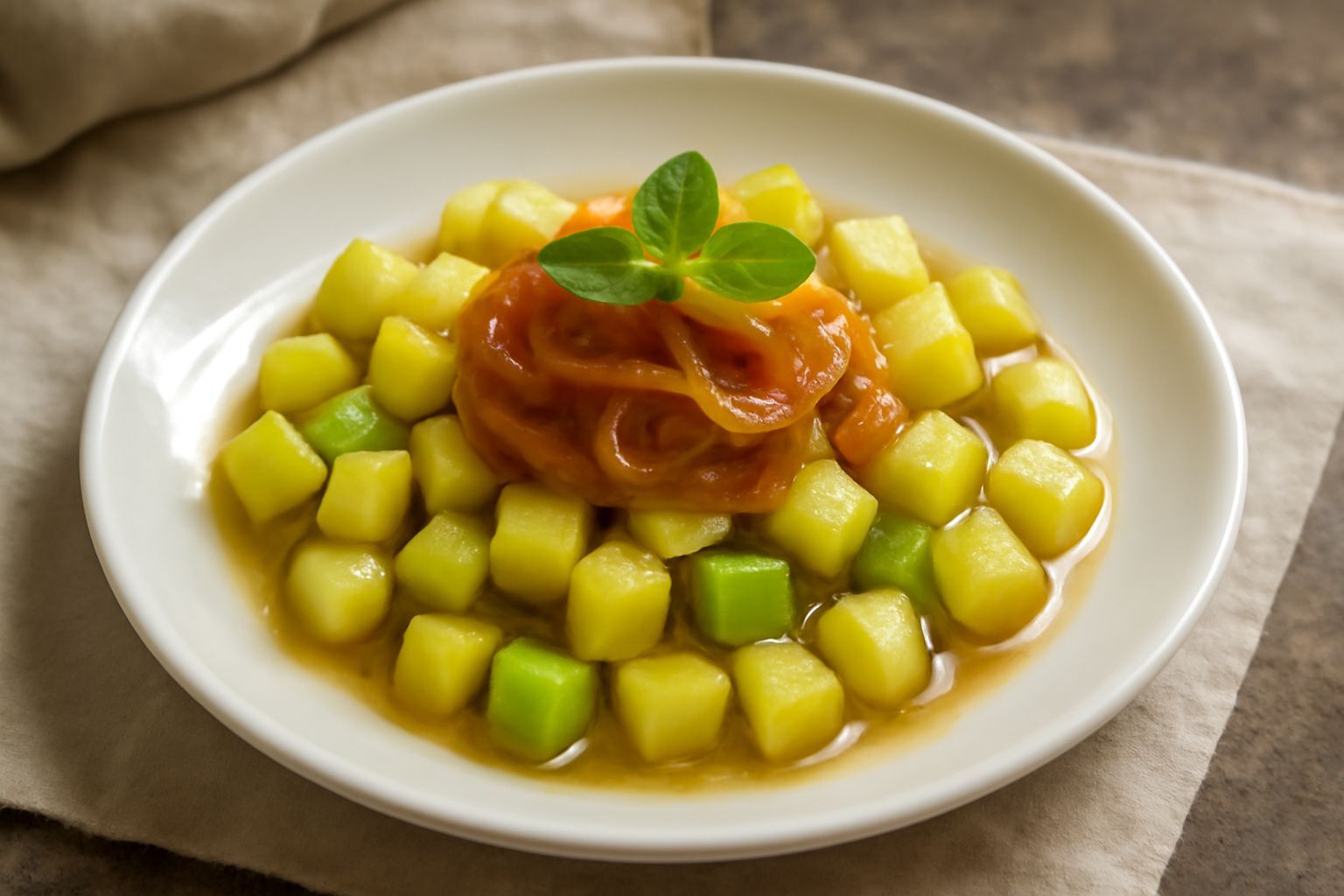 Carosello affettato e cotto in agrodolce disposto in un piatto bianco, con sfumature dorate, cubetti trasparenti di verdura, fili di cipolla caramellata, gocce di aceto lucido e foglioline di menta fr