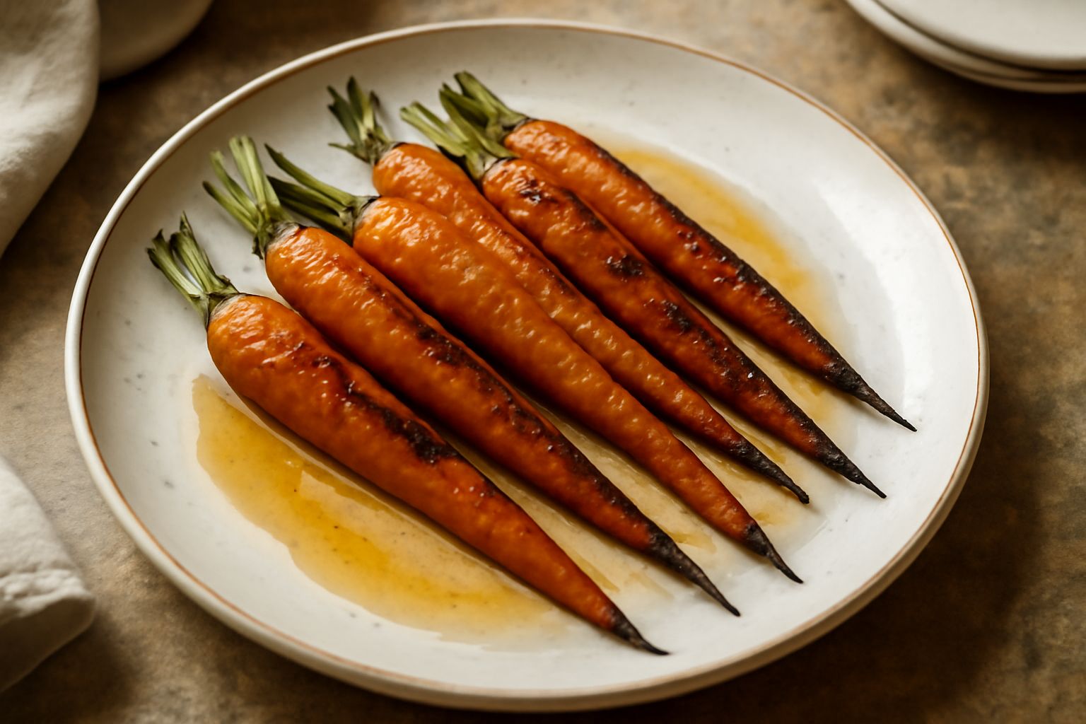 Carote arrostite di colore arancione dorato, con punte caramellate scure, disposte su una placca da forno con rosmarino fresco e gocce d'olio di oliva