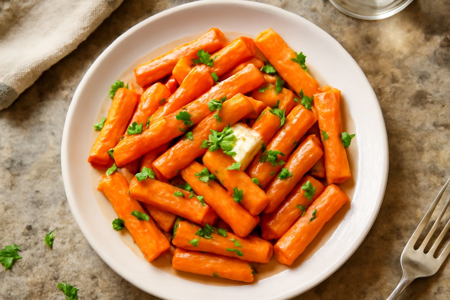 Carote arancioni tagliate a bastoncini, cotte in pentola con brodo trasparente, finite con prezzemolo fresco verde e gocce di burro, disposte nel piatto bianco
