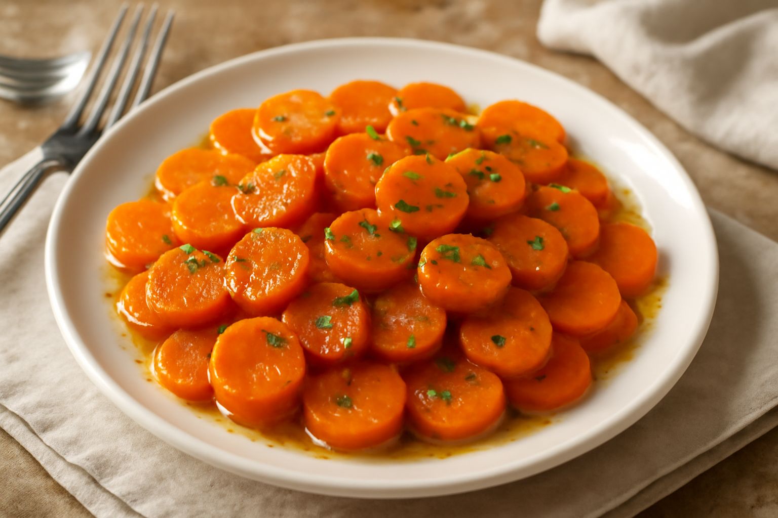 Carote arancioni tagliate a rondelle, disposte in un piatto bianco, condite con olio dorato e erbe verdi, con brillantini di aceto visibile sulla superficie