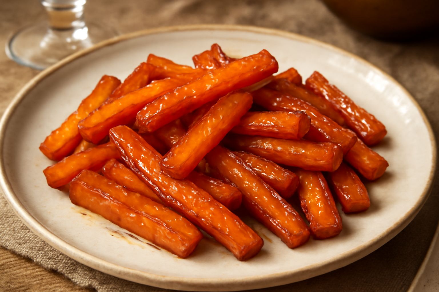 Carote candite tagliate a bastoncini, dorate e lucide di caramello, disposte su un piatto bianco con cristalli di zucchero visibili sulla superficie e qualche foglia di menta fresca