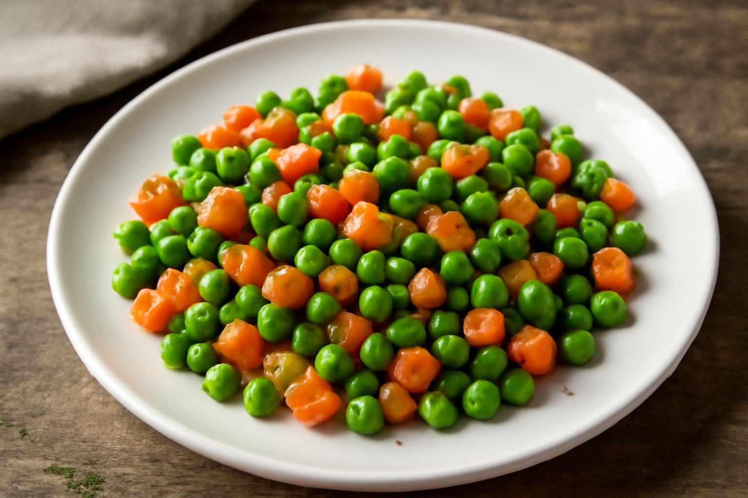 Piatto bianco con carote tagliate a dadini arancioni e piselli verde brillante, saltati insieme con aglio e prezzemolo fresco, olio lucido in superficie