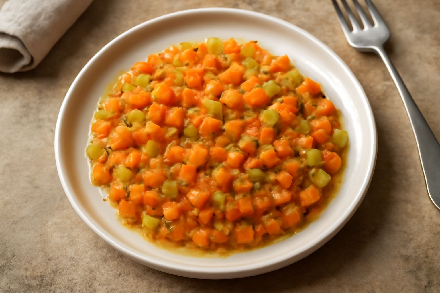 Soffritto di carote tagliate a dadini piccoli e sedano finemente sminuzzato che cuociono in olio in una pentola, con aromi che salgono dal vapore, colore dorato e arancione brillante