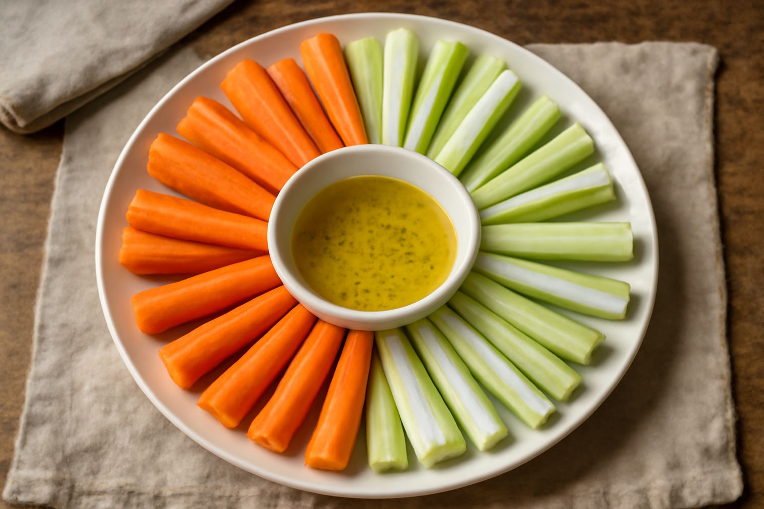 Bastoncini di carota arancione e sedalo bianco disposti in cerchio su un piatto bianco con una ciotolina centrale di salsa trasparente gialla e una fetta di limone al lato