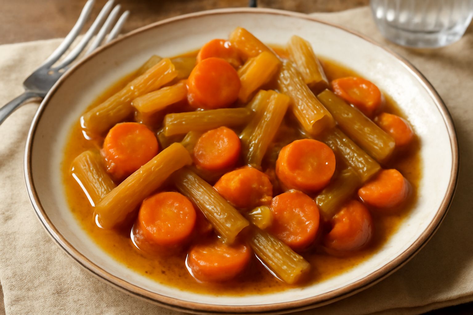 Carote tagliate a rondelline e sedano a bastoncini in una padella larga con orzotto dorato, bagnati di brodo chiaro, decorati con prezzemolo fresco tritato, su fondo bianco