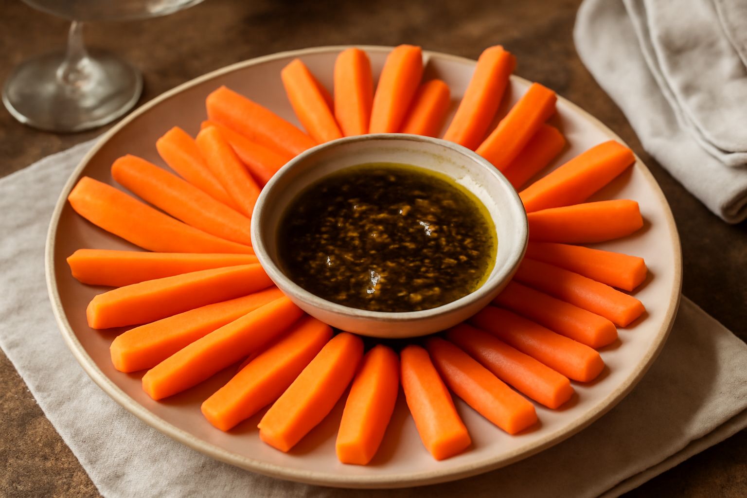 Bastoncini di carota arancioni disposti in cerchio intorno a una ciotola di salsa marrone scuro con tracce di olio, su tavolo bianco, con gocce di olio visibili attorno
