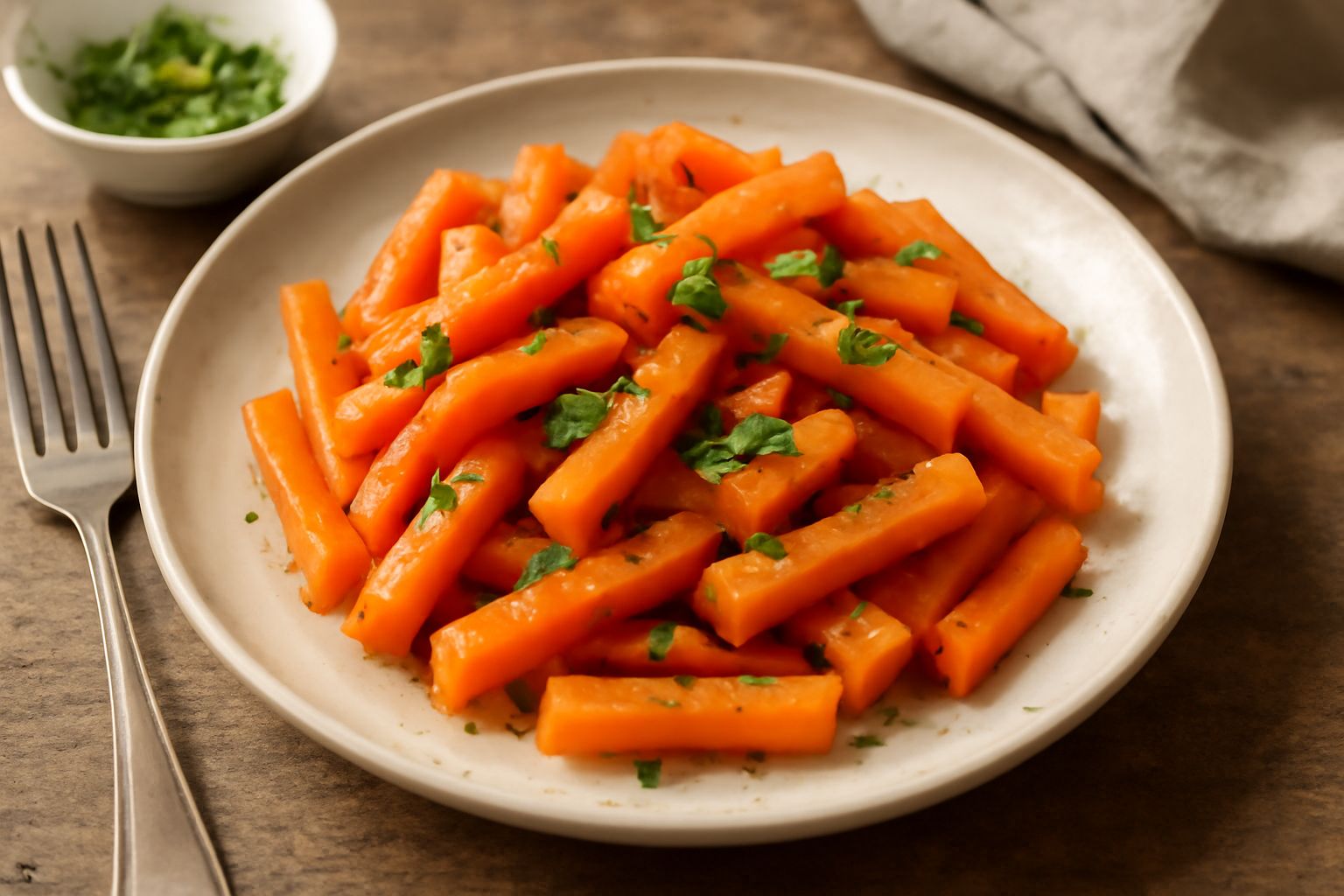 Carote lesse tagliate a bastoncini di colore arancione intenso, disposte su piatto bianco, leggermente brillanti, accompagnate da prezzemolo fresco tritato