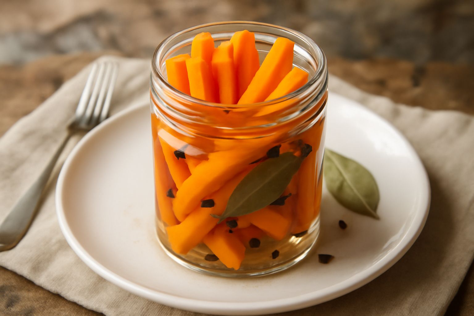 Barattolo di vetro con carote arancioni tagliate a bastoncini, sommerse in liquido trasparente con spezie visibili, aceto, pepe nero e foglie di alloro, sfondo bianco