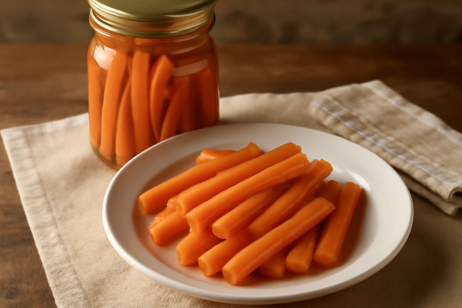 Barattolo di vetro con carote arancioni tagliate a bastoncini, immerse in liquido trasparente leggermente ambrato, con semi di senape e spicchi di aglio visibili tra le carote, sfondo bianco neutro