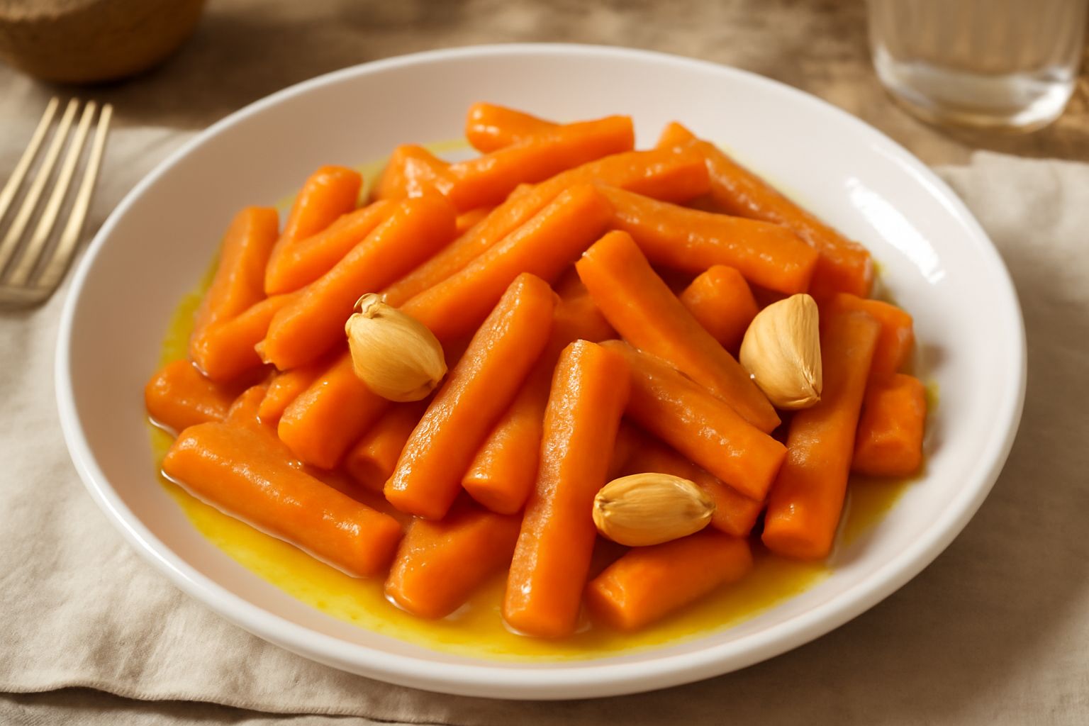 Carote arancioni tagliate a bastoncini, stufate e brillanti d'olio, disposte in un piatto bianco con aglio intero e prezzemolo fresco, contorno di pane tostato