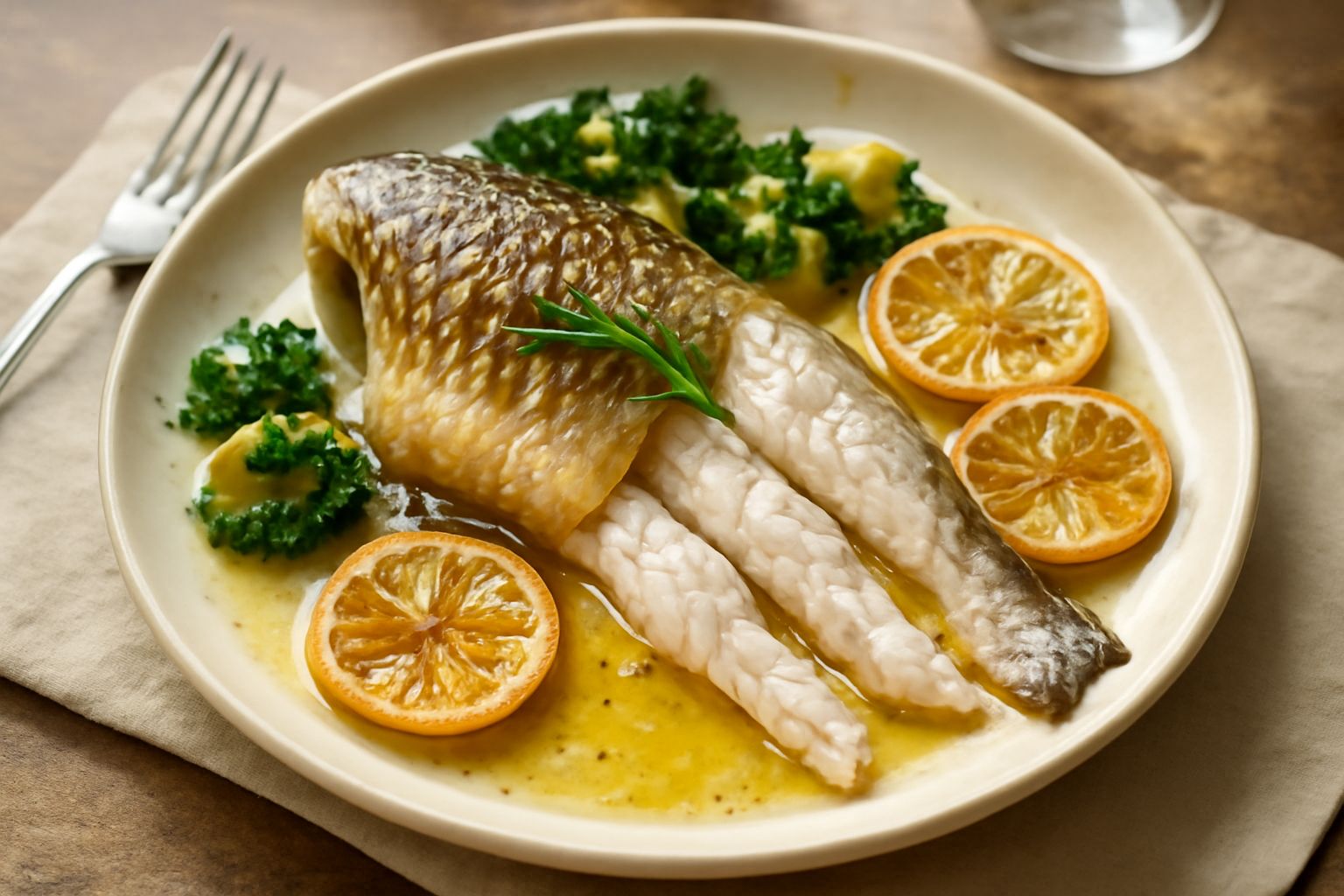 Una carpa intera dorata al forno, circondata da fette di limone e rametti di rosmarino fresco, in una pirofila bianca, fiancheggiata da verdure al forno grigliate e un contorno di erbette saltate in p