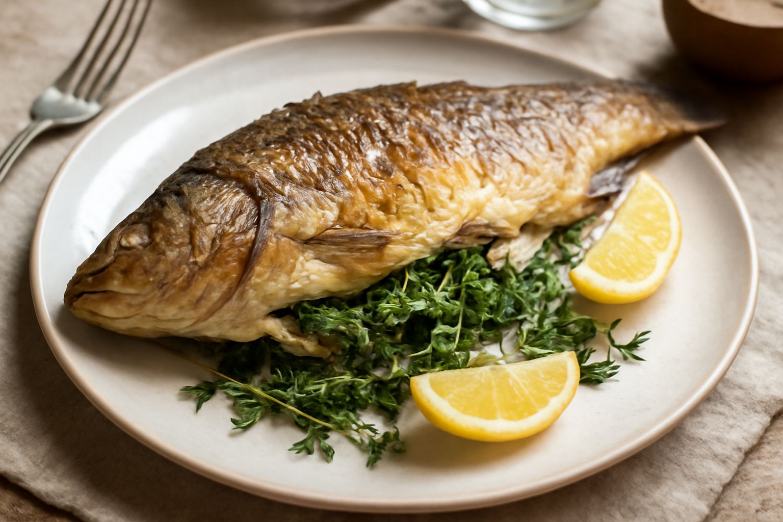 Carpa dorata al forno su carta da forno, riempita di erbe fresche verdi, limone a fette, pepe nero visibile sulla pelle, contorno di verdure grigliate sfumate